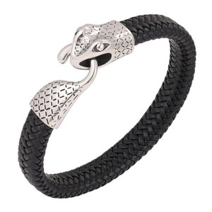 Pulsera de cuero trenzado negro para hombre con un cierre de cabeza de serpiente plateada