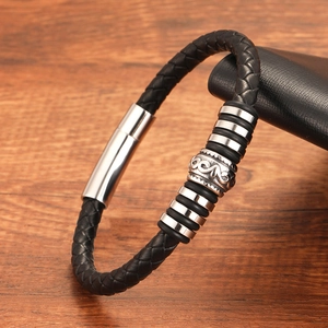 Men Braided Leather Bracelet Retro Silver Alloy Beads Magnetic Clasp Fashion Commuting Minimalist Jewelry For Men Boys