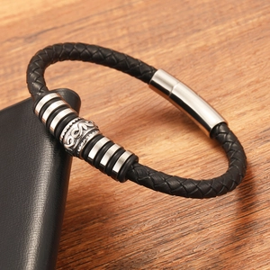 Men's hand-braided black leather bracelet with embossed silver beads and magnetic clasp
