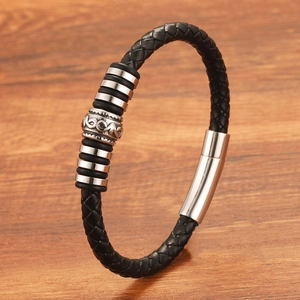 Men's black braided leather bracelet with silver metal charms and engraved bead