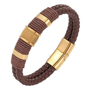 Mens braided brown leather bracelet with gold magnetic clasp and textured steel charm
