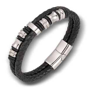 Zweilagiges schwarzes Lederarmband für Herren mit Edelstahl-Magnetverschluss und Ringen