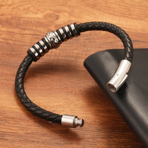 Men's black braided leather bracelet with silver metal beads and magnetic clasp