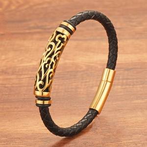 Bracciale in Pelle Intrecciata da Uomo Con Motivo Cavo Nuvola di Buon Auspicio in Acciaio Inossidabile Chiusura a Pressione Retro Punk