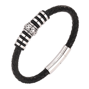 Men's black braided leather bracelet with silver-tone charms and magnetic metal clasp