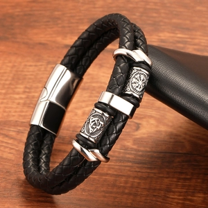 Men's double-layered black leather Viking bracelet with vintage silver stainless steel charms