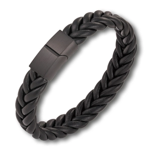 Detail of multi-layer black braided leather bracelet with matte black magnetic clasp