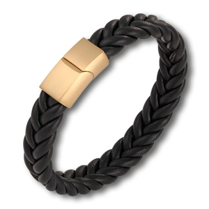 Black multi-layer woven leather bracelet with matte gold magnetic stainless steel clasp