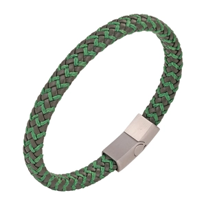 Bracelet tressé pour homme en cuir vert et gris avec un fermoir magnétique en acier