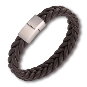 Deep brown braided leather multilayer bracelet with a brushed metal magnetic clasp for men