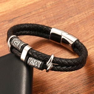 Men's double-layered black leather Viking beaded bracelet with magnetic stainless steel clasp