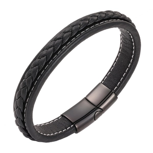 Men's minimalist black braided leather bracelet with titanium steel buckle and stitching