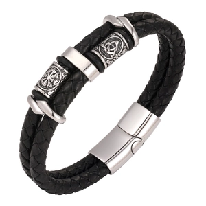 Men's double-layered black braided leather bracelet with stainless steel Viking charms