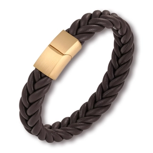 Close-up of brown braided leather bracelet featuring a gold magnetic metal clasp