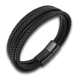 Men's multilayer braided black leather bracelet with magnetic black metal clasp