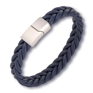 Multilayer navy blue braided leather bracelet with brushed silver magnetic clasp