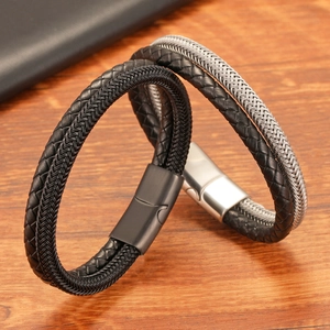 Bracciale da Uomo a Doppio Strato in Pelle Intrecciata Gioielli in Corda d'Acciaio Minimalista Moda Hip Hop Chiusura Magnetica Accessori