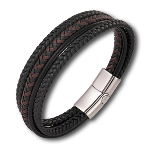 Detail view of multi-layer braided leather bracelet with magnetic stainless steel clasp