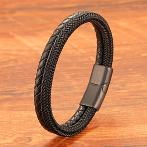 Bracciale da uomo a doppio strato in pelle intrecciata e corda d'acciaio con chiusura