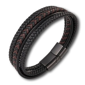 Detail of multi-layer braided leather bracelet with black magnetic metal clasp