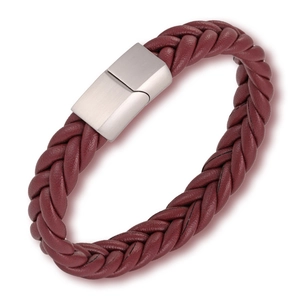 Deep red braided leather punk bracelet with a brushed silver magnetic stainless steel clasp