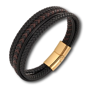 Detail of multi-layer braided leather bracelet with gold magnetic stainless steel clasp