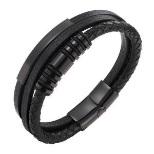 Men's multilayer black braided leather bracelet with magnetic metal clasp on white background