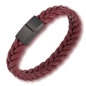Detail view of multi-layer dark red braided leather bracelet with matte black magnetic clasp