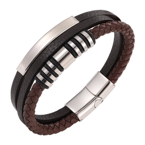 Men's multilayer braided leather bracelet with polished silver metal tube and magnetic clasp