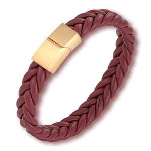 Detail of burgundy braided leather bracelet featuring a brushed gold magnetic metal clasp