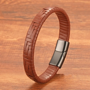 Multilayer braided dark brown leather punk bracelet with black matte magnetic metal clasp