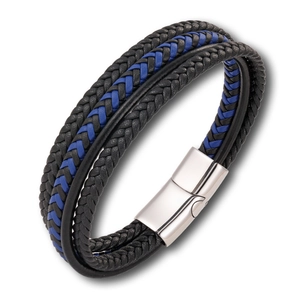 Close-up of multilayer braided leather bracelet for men with silver magnetic steel clasp