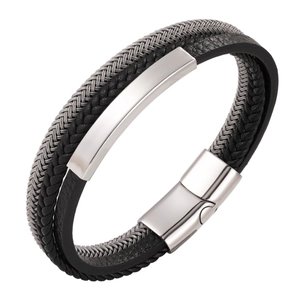 Bracciale multistrato da uomo in pelle e corda intrecciata con chiusura magnetica lucida