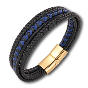 Close-up of multilayer black and blue braided leather bracelet with golden magnetic clasp