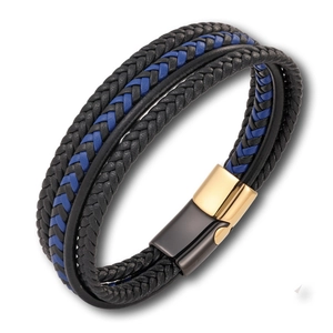 Detail of multi-layer braided leather bracelet with blue accents and magnetic metal clasp