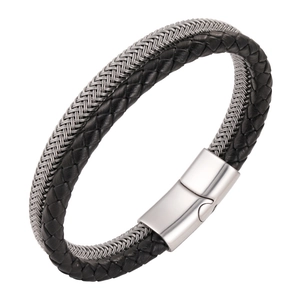 Bracciale da uomo a doppio filo in pelle nera e cordoncino in maglia d'acciaio grigio argento