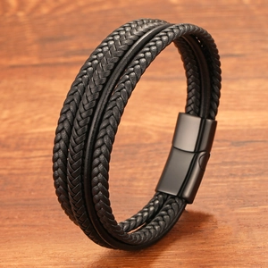 Men Multilayer Braided Leather Bracelet Stainless Steel Magnetic Clasp Fashion Handwoven Wrap Wristband Jewelry Accessory