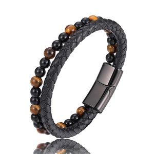 Herren Zweischichtiges Geflochtenes Leder Naturstein Armband Magnetverschluss Tigerauge Lapislazuli Lava Perlen Armreif Schmuck