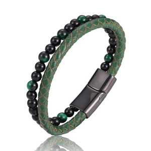 Detailed close-up of double-layer leather and green tiger eye stone bracelet with magnet clasp