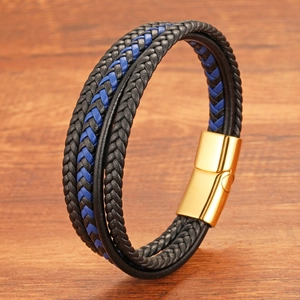 Men's multilayer woven leather bracelet with blue accents and gold magnetic clasp