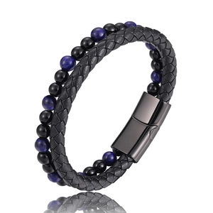 Herren Armband aus zweilagigem Leder mit natürlichen Tigerauge-Steinen und Magnetverschluss