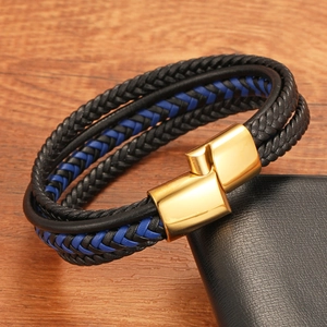 Multilayer braided leather men's bracelet with blue and black straps and golden magnetic clasp