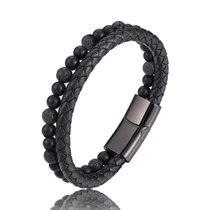 Herren Armband aus schwarzem Ledergeflecht mit Tigerauge, Lavasteinen und Magnetverschluss