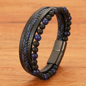 Bracelet Multicouche en Cuir pour Hommes Perles en Pierre de Lave Naturelle Oeil de Tigre Lapis-Lazuli Fermoir Magnétique Bijoux Punk Biker