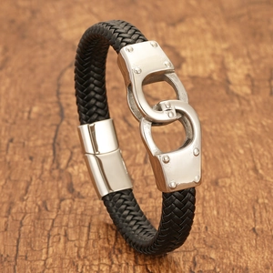 Punk Style Handcuff Bracelet For Men Braided Genuine Leather Titanium Steel Jewelry High Quality Men Handcuffs Bangle Gift