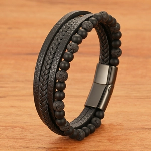 Bracelet multicouche pour hommes en cuir avec pierre de lave et fermoir magnétique noir