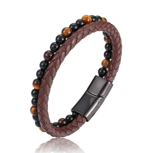 Men's Double Layer Bracelet Natural Tiger Eye Stone Black Agate Beaded Leather Braided Stainless Steel Magnetic Clasp Bangle Fashion Jewelry Gift For Him