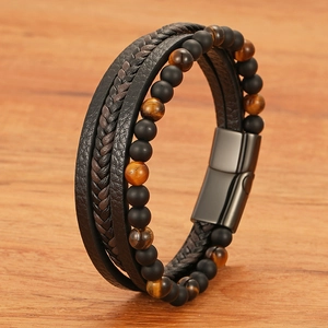 Bracelet multicouche en cuir pour hommes avec pierres de lave et fermoir magnétique