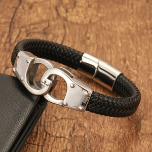 Men's punk leather bracelet with stainless steel handcuff clasp and braided cord detail