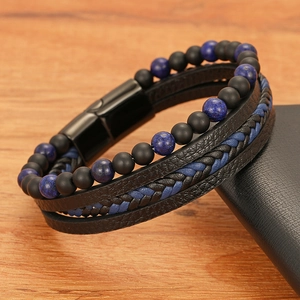 Bracelet multicouche pour hommes avec perles de lave et fermoir magnétique noir